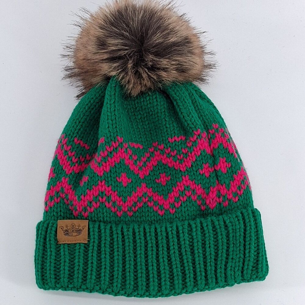Panache Adult Knit Beanie Faux Fur Pom Fleece Lined Green Pink Winter Hat